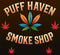 Logo of Puff Haven Smoke Shop with colorful leaves and red stars on a dark background